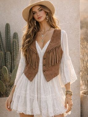 Vintage Suede Leather Fringe Vest Brown Western Boho Button Front Size M Caviar